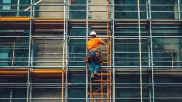Construction Worker Ascending Scaffolding on a Building photo