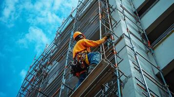 Construction Worker Ascending Scaffolding on Building Exterior photo