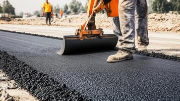 Worker Applying Fresh Asphalt to Road Surface photo