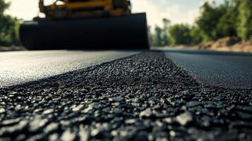 Newly Laid Asphalt Road with Roller in Background photo