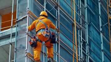 Construction Worker Ascending Scaffolding on a Modern Building photo