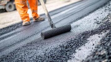 Worker using a roller to smooth freshly laid asphalt photo