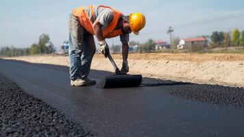 Construction Worker Using a Roller to Smooth Asphalt on a Road photo