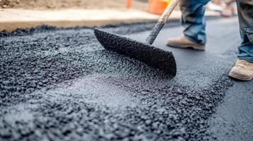 Worker Spreading Fresh Asphalt on a Road photo
