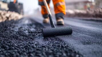 Close-up of a Roller Applying Fresh Asphalt photo