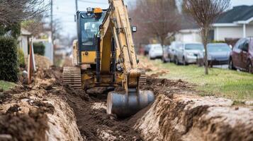 Excavator Digging a Trench in a Residential Area photo