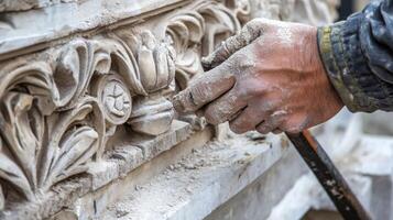 Close-up of a Hand Working on Stone Carving with Dust photo
