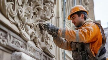 Construction Worker Restoring Ornamental Detail on a Building photo