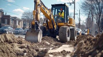 Excavator Digging a Trench in an Urban Setting photo