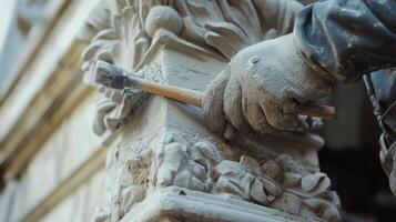 A Close-up of a Worker Using a Hammer to Sculpt a Stone Ornament photo