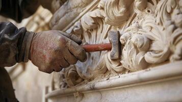 Worker Using a Hammer to Sculpt Intricate Stone Detailing photo