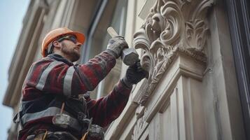 Construction Worker Chiseling Ornamental Stonework on Building Facade photo