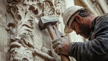 Construction Worker Chiseling Stone Sculpture with a Hammer photo