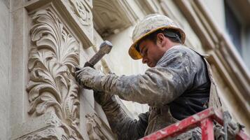 Construction Worker Chiseling Stone Ornamentation on a Building Facade photo