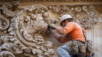 Worker Restoring Intricate Stone Carving on Architectural Detail photo