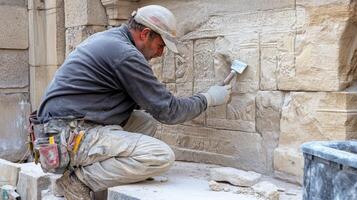 Construction worker using a chisel to carve stone photo