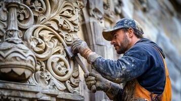 Stone Carver Working on Intricate Architectural Detail photo