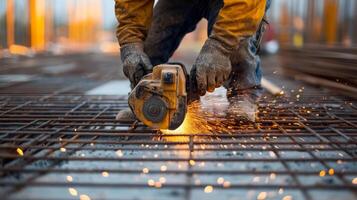 Construction Worker Cutting Metal Rebar with a Grinder photo
