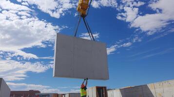 Construction Worker Guiding a Large Concrete Panel with a Crane photo