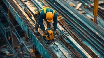 Construction Worker Using a Power Tool on Steel Beams photo