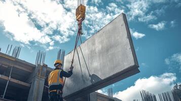 Construction Worker Using a Crane to Lift a Concrete Beam photo