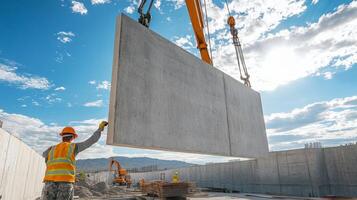 Construction Worker Directing Crane Lifting Concrete Panel photo