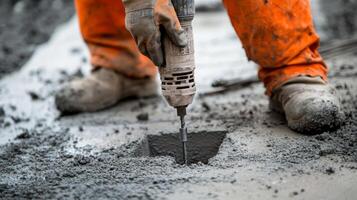 Construction Worker Drilling into Concrete with a Power Drill photo