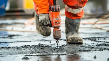 Closeup of Construction Worker Using a Drill on Concrete photo