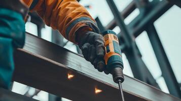 Construction Worker Using a Drill on a Metal Beam photo
