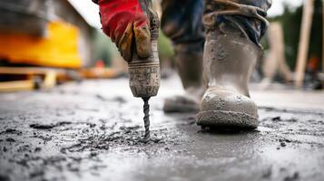 Close-up of a Driller's Hand Holding a Drill Bit Entering Concrete photo