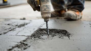 Close-up of a drill bit penetrating concrete photo