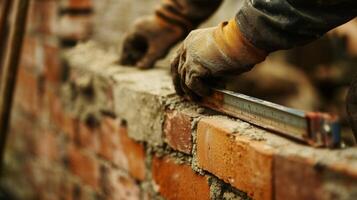 Closeup of a Construction Worker's Hand Leveling a Brick Wall photo