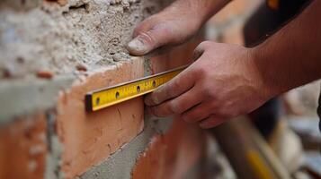 Construction Worker Measuring Brick Wall with Ruler photo
