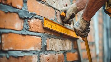 Construction Worker Measuring Brick Wall with Level photo