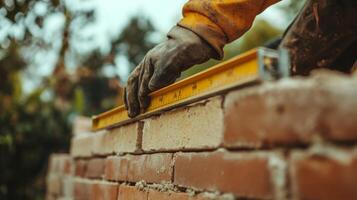 A Construction Worker Measures a Brick Wall with a Level photo