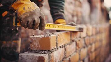 A Worker Measures a Brick Wall During Construction photo