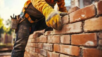 Construction Worker Placing Brick in Wall with Mortar photo