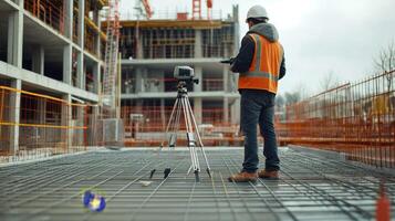Construction Worker Inspecting Rebar Grid on New Building photo