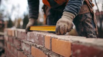 Construction Worker Measuring Brick Wall with Level photo