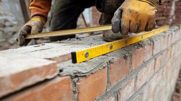 Construction Worker Using Level to Align Bricks photo