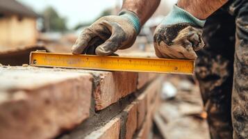 Construction Worker Measuring Brick Wall with Level photo