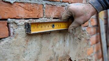 A Hand Holding a Level Against a Brick Wall photo