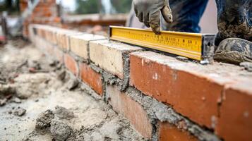Construction Worker Using Level to Check Brick Wall Alignment photo