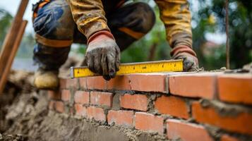 Construction Worker Measuring Brick Wall with Ruler photo