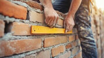 Construction Worker Measuring a Brick Wall with a Ruler photo