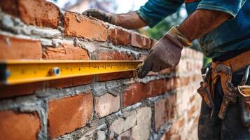 Construction Worker Using a Level to Ensure a Straight Brick Wall photo