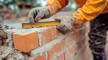 Construction Worker Measuring Brick Wall with Ruler photo
