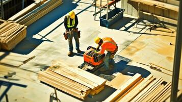 Two Construction Workers Using a Plate Compactor on a Construction Site photo