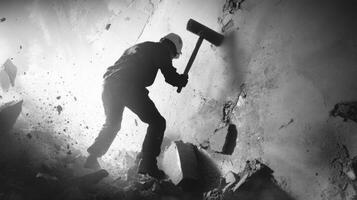 A Man Demolishes a Wall With a Sledgehammer photo