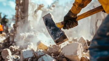 Close-up of a Construction Worker Demolishing a Building with a Sledgehammer photo